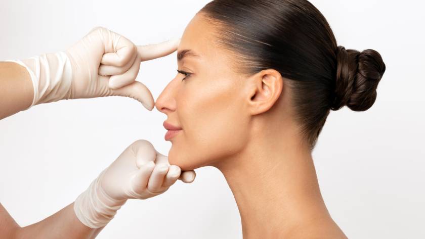 Rhinoplasty consultation concept with female model in profile view