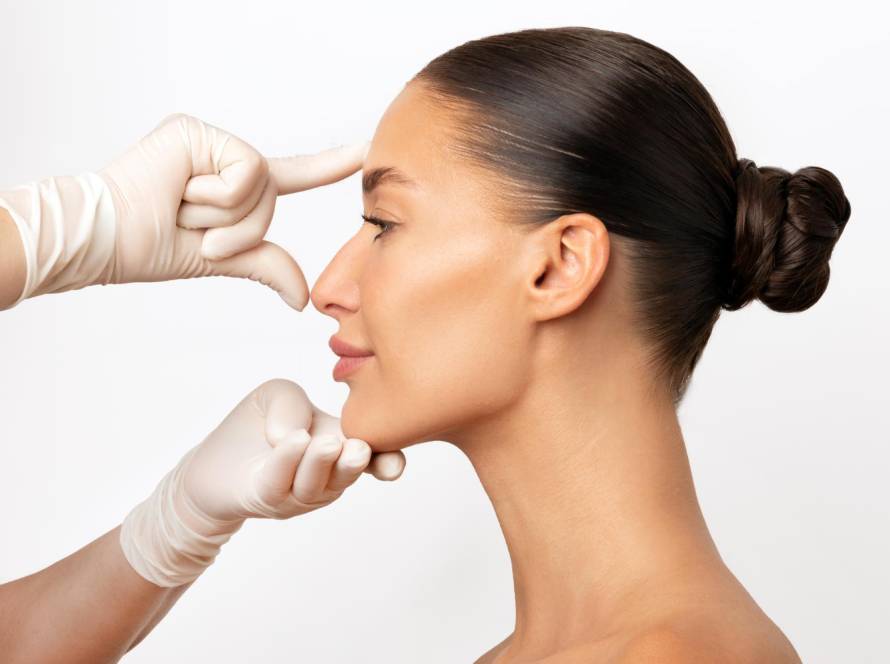 Rhinoplasty consultation concept with female model in profile view
