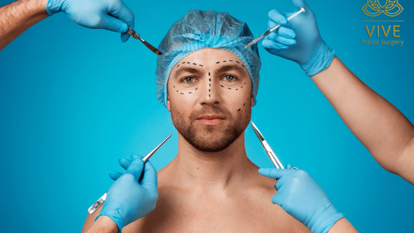 Male model with surgical markings during a facial plastic surgery consultation at VIVE Plastic Surgery in Tijuana.