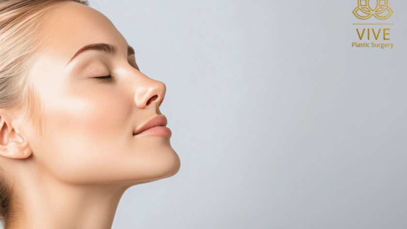 Side profile of a woman showcasing natural rhinoplasty results performed at VIVE Plastic Surgery in Tijuana.