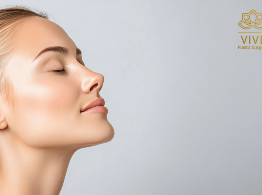 Side profile of a woman showcasing natural rhinoplasty results performed at VIVE Plastic Surgery in Tijuana.