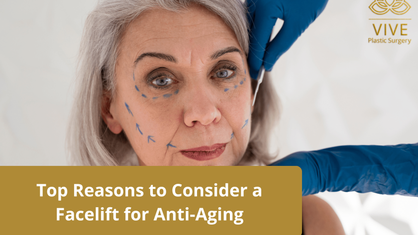 Mature woman during a facelift consultation with surgical markings, highlighting anti-aging procedures at VIVE Plastic Surgery in Tijuana.