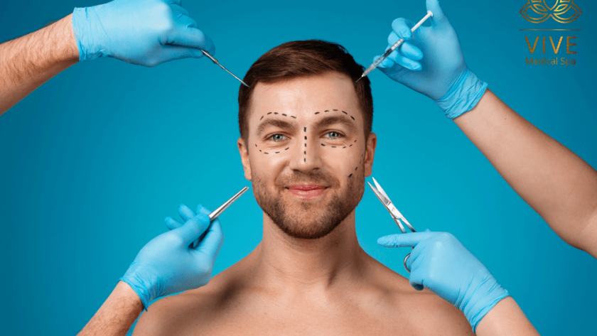 Male model with surgical markings during a facial plastic surgery consultation at VIVE Plastic Surgery in Tijuana.