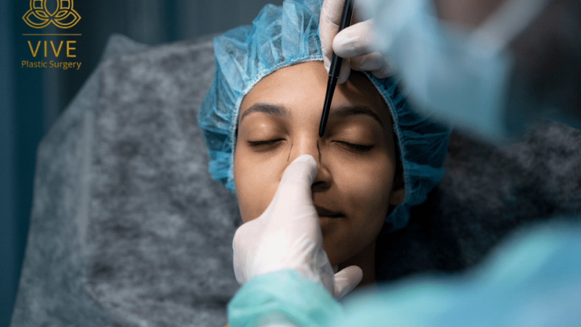 Woman undergoing rhinoplasty preparation with surgical markings in Tijuana