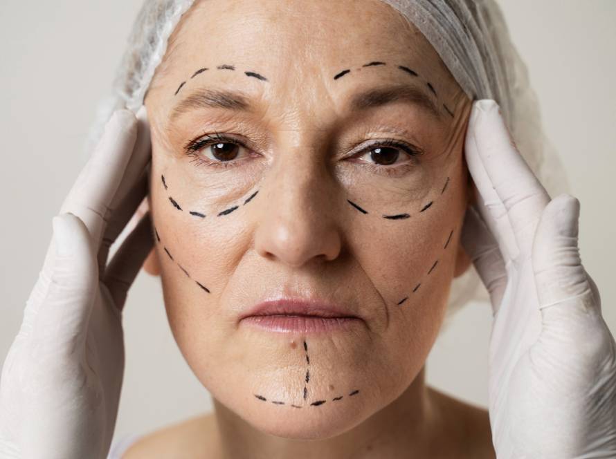 Mature woman with facial surgery markings before facelift – catalog image, not a real patient