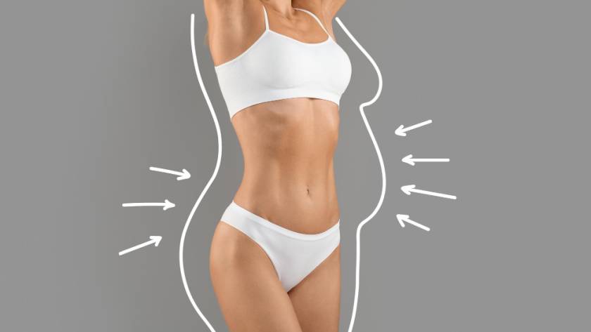 Model showing before and after body contouring silhouette – catalog image