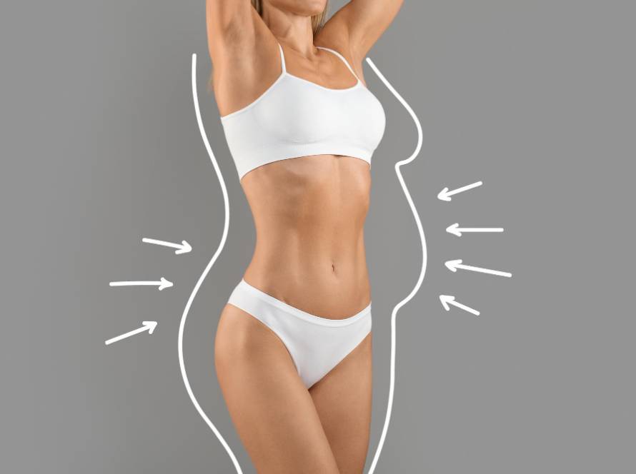 Model showing before and after body contouring silhouette – catalog image