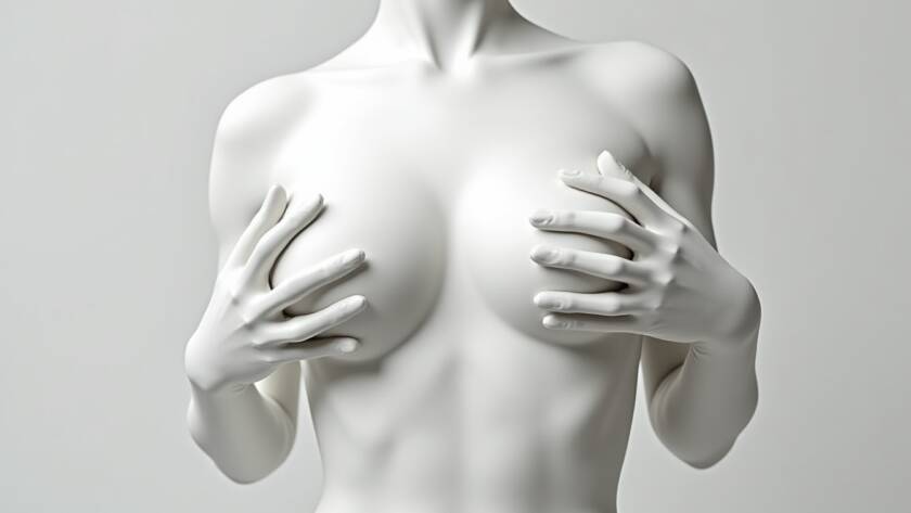 Artistic white sculpture of a female torso holding the breasts, showing smooth contours and enhanced breast volume.