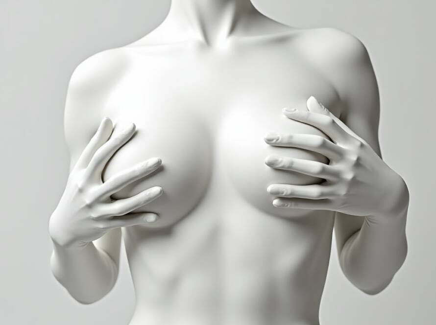 Artistic white sculpture of a female torso holding the breasts, showing smooth contours and enhanced breast volume.