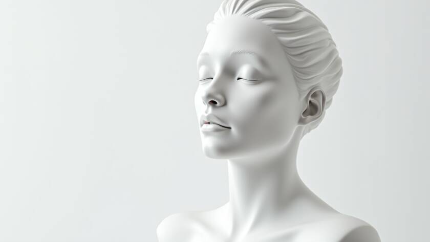 Artistic white sculpture of a female face and neck with smooth contours and refined facial features.