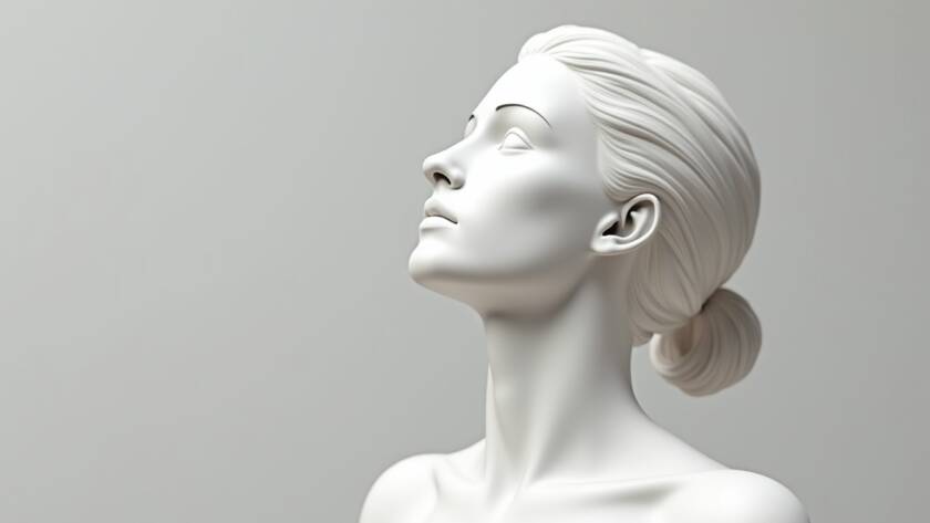 artistic sculpture-style female model looking upward as aesthetic reference for rhinoplasty, facelift and neck contouring in Tijuana (not a real patient)