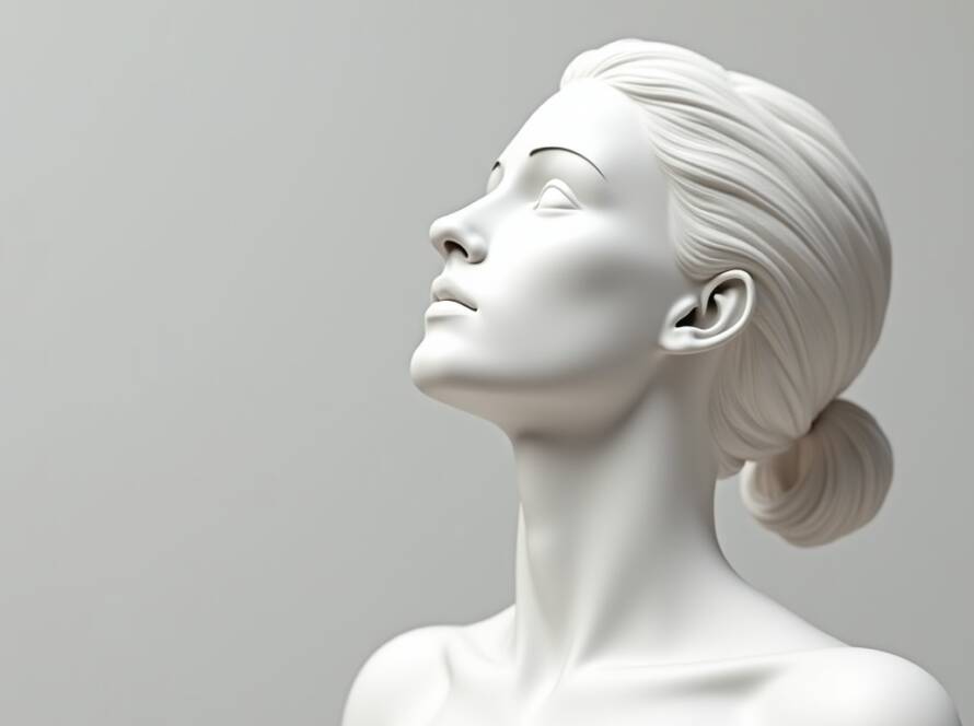 artistic sculpture-style female model looking upward as aesthetic reference for rhinoplasty, facelift and neck contouring in Tijuana (not a real patient)