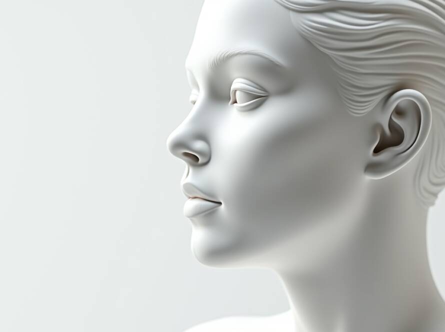 Artistic white sculpture of a female facial profile with smooth contours and refined nose and chin structure.