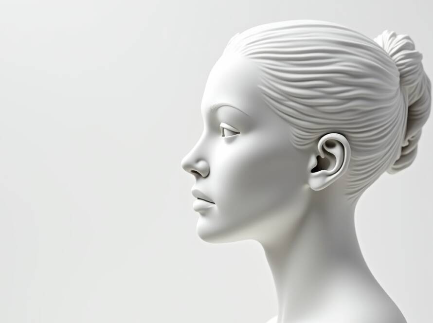 Artistic white sculpture of a female facial profile featuring smooth contours, refined nose shape, and pulled-back hair.