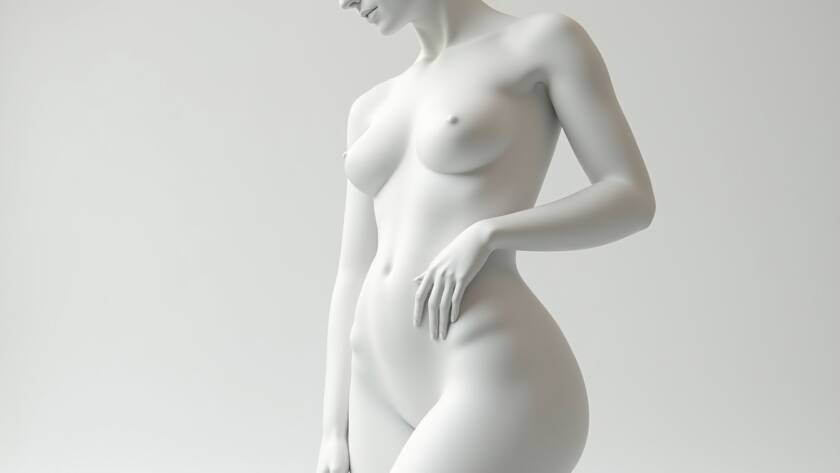 Artistic white sculpture of a female torso and hips showing smooth contours and natural body proportions.