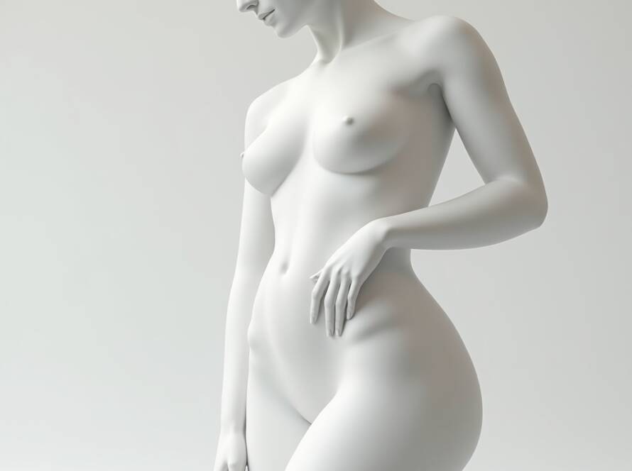 Artistic white sculpture of a female torso and hips showing smooth contours and natural body proportions.