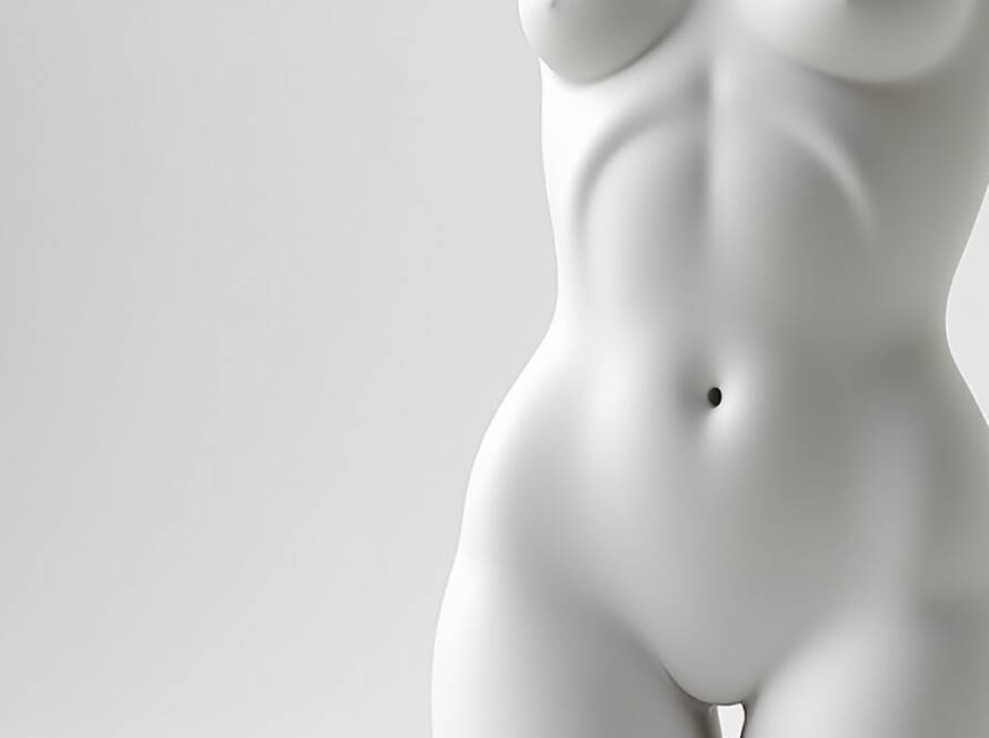 Artistic white sculpture of a female abdomen and waist showing smooth contours and defined body lines.