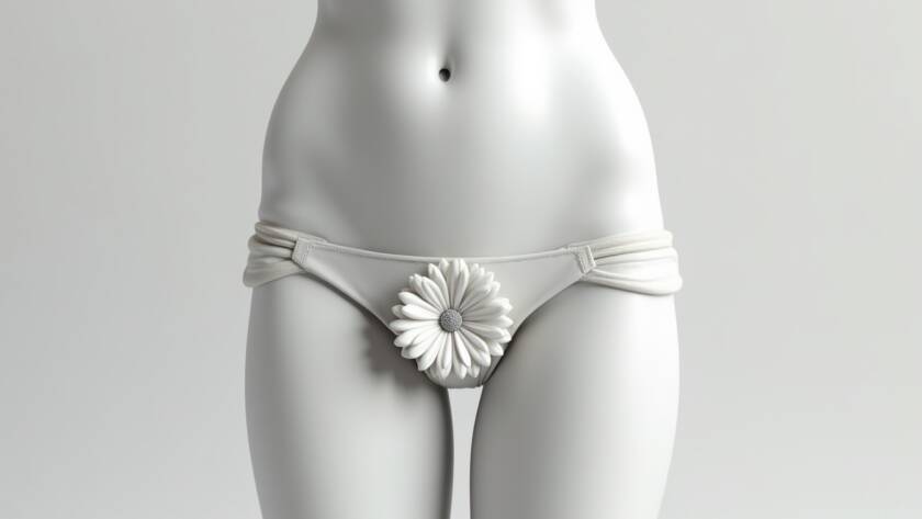 Artistic sculpture of a female lower abdomen and bikini area featuring a white flower symbolizing feminine wellness.