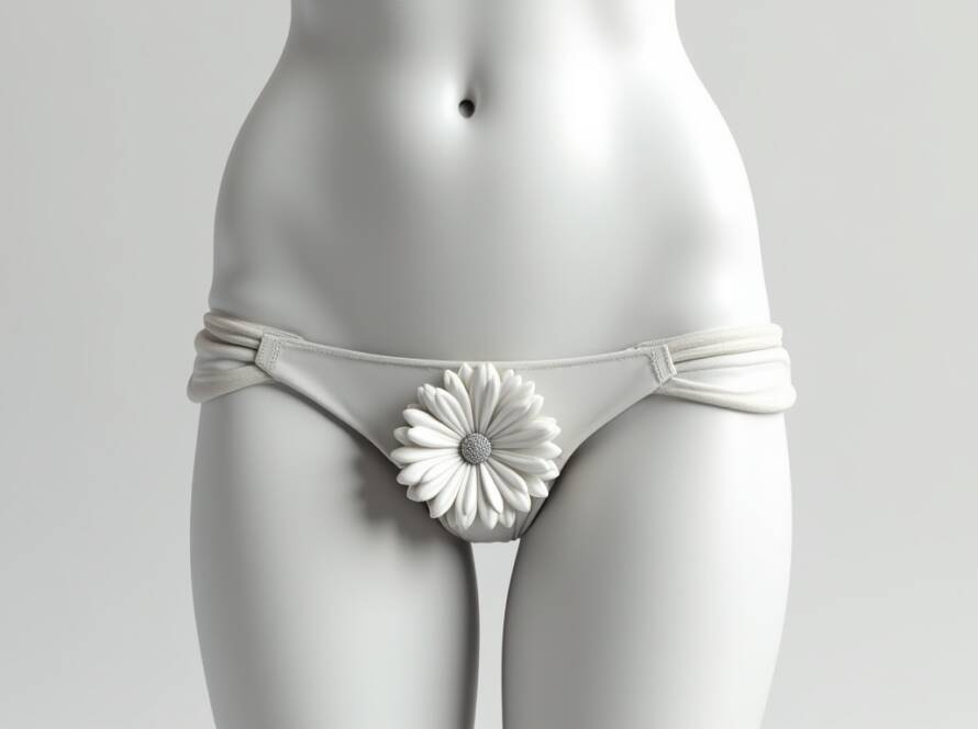 Artistic sculpture of a female lower abdomen and bikini area featuring a white flower symbolizing feminine wellness.
