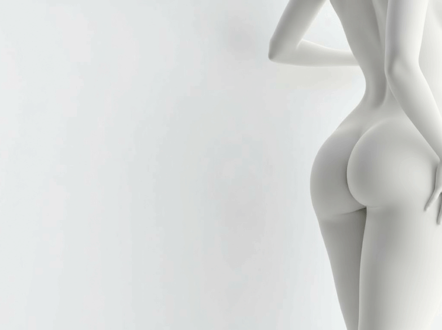 Artistic white sculpture of a female lower body showing enhanced buttocks, smooth curves, and defined waist.